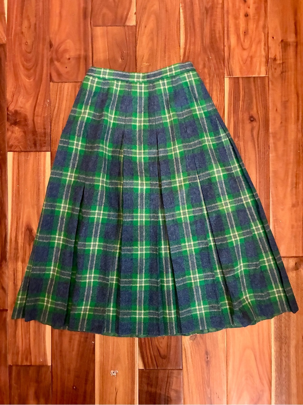 Green and Blue Plaid Wool Pleated Skirt - Women's